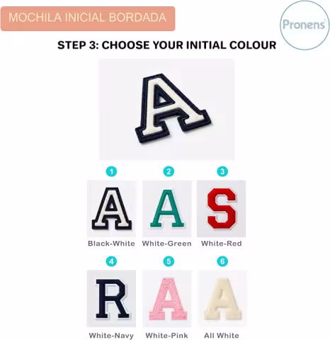 Las seis combinaciones de color de la inicial bordada, numeradas del 1 al 6