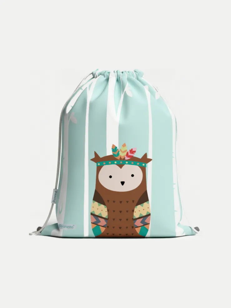 Bolsa impermeable guardería Búho Tribal, vista de la bolsa cerrada