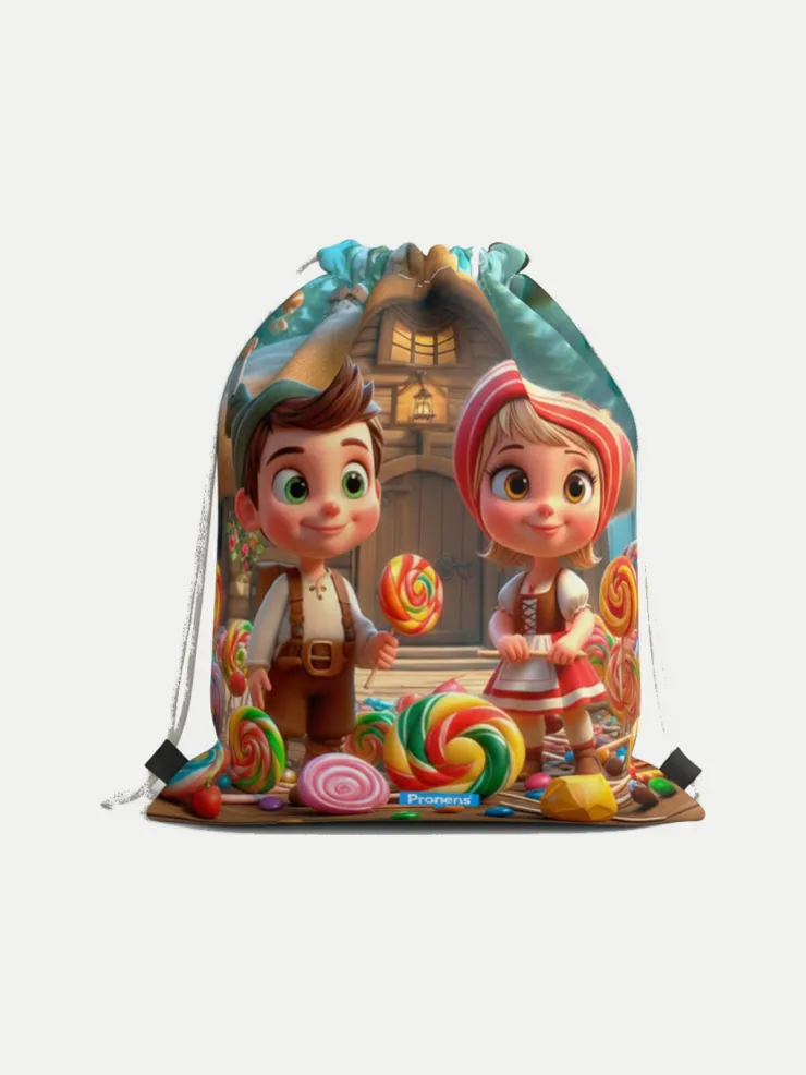 Bolsa guardería impermeable Hansel y Gretel, vista de la bolsa cerrada