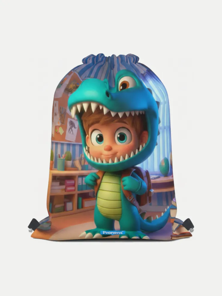 Bolsa guardería impermeable Disfraz Dino, vista de la bolsa cerrada