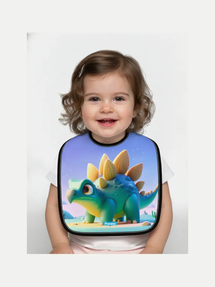 Babero microfibra impermeable Stegosaurus, puesto por un bebé